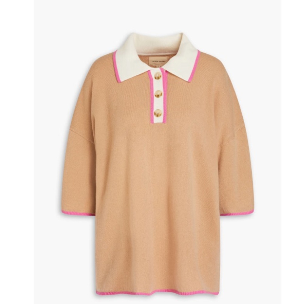 LOULOU Cashmere polo shirt camel with pink trim size S